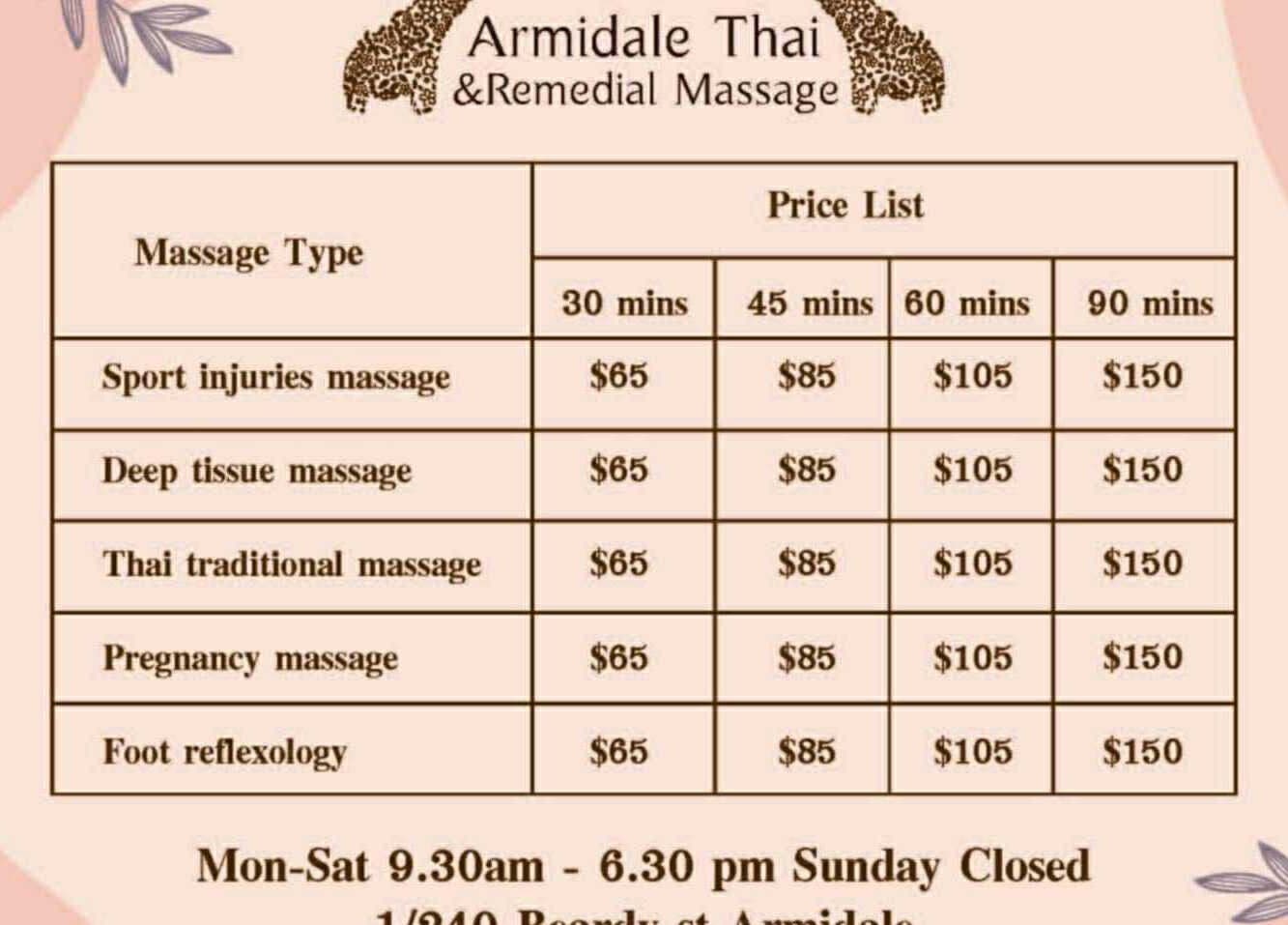 Massage price list at Armidale Thai & Remedial Massage, Armidale, New South Wales, AU.
