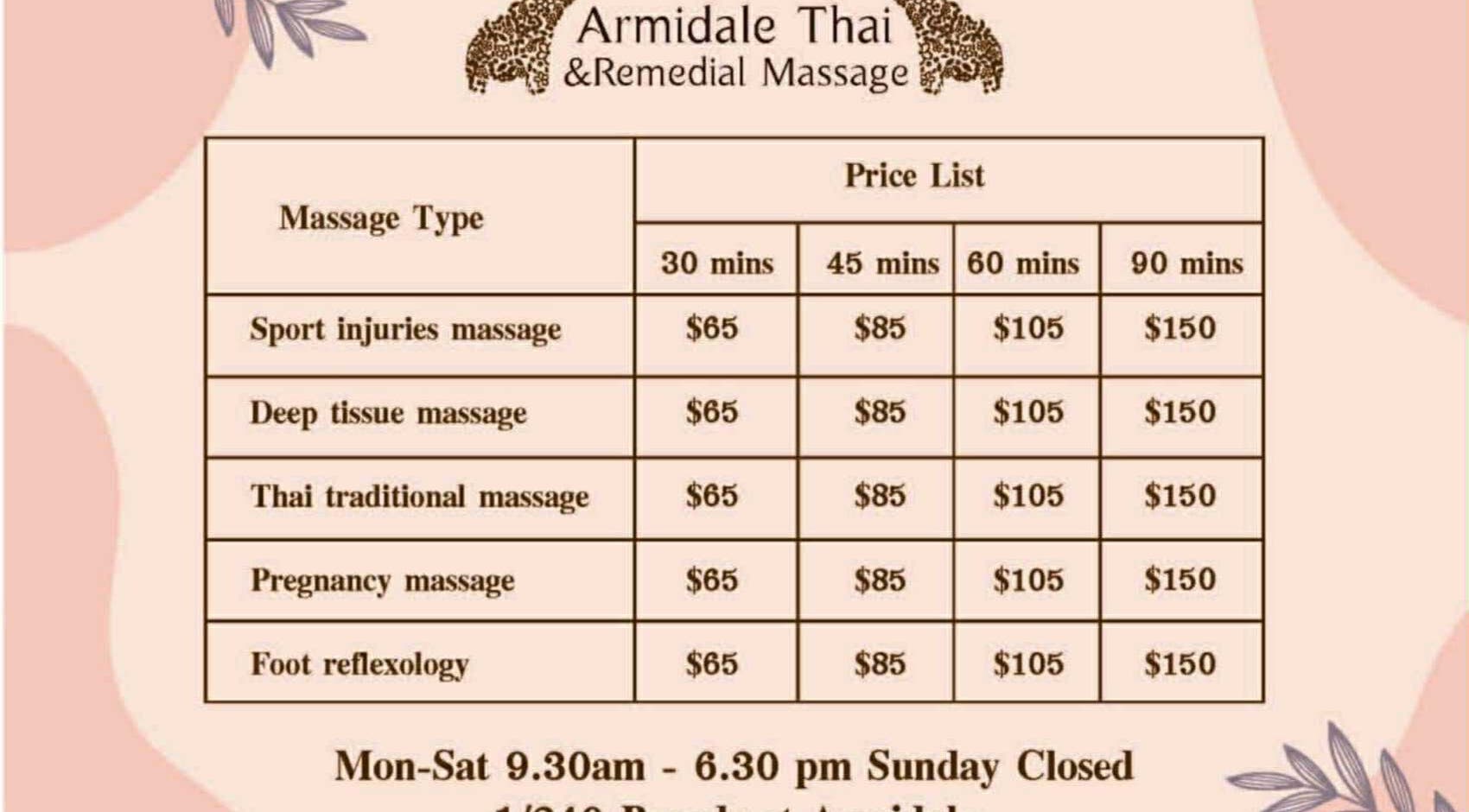 Massage price list at Armidale Thai & Remedial Massage, Armidale, New South Wales, AU.