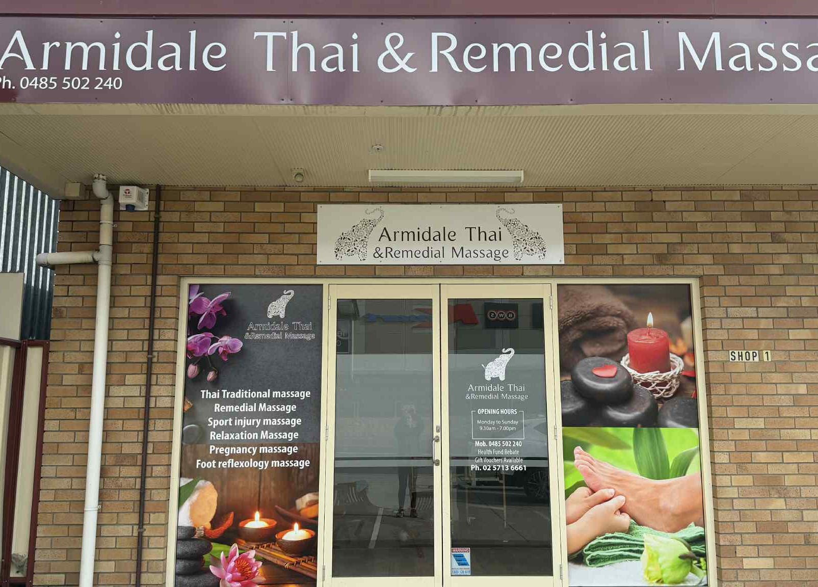 Front view of Armidale Thai & Remedial Massage in Armidale, New South Wales, AU with signs and decor.