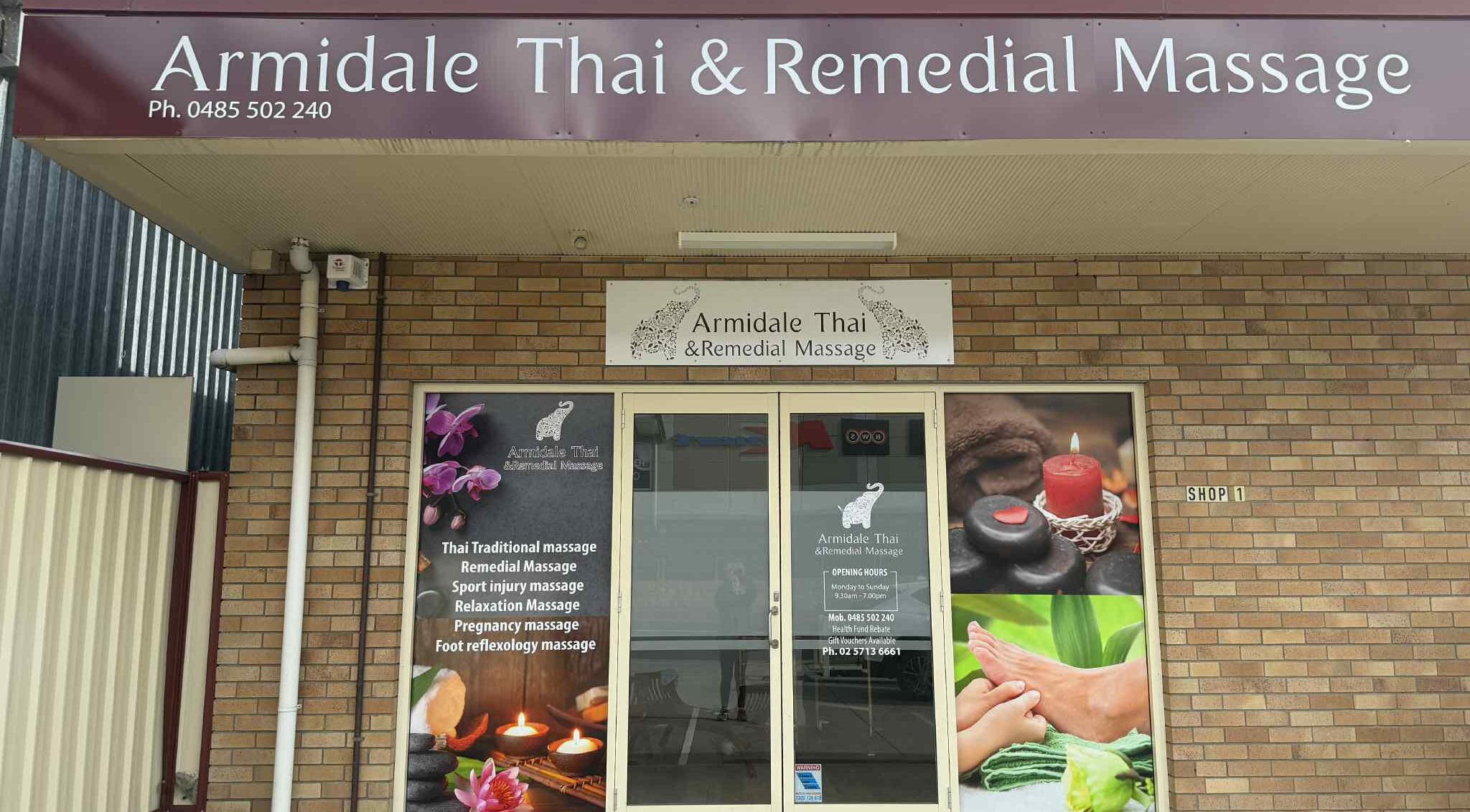 Front view of Armidale Thai & Remedial Massage in Armidale, New South Wales, AU with signs and decor.