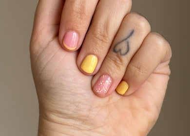 Vibrant pastel nail art at The Lune Nails in Perth, Western Australia, AU. Featuring pink and yellow designs.