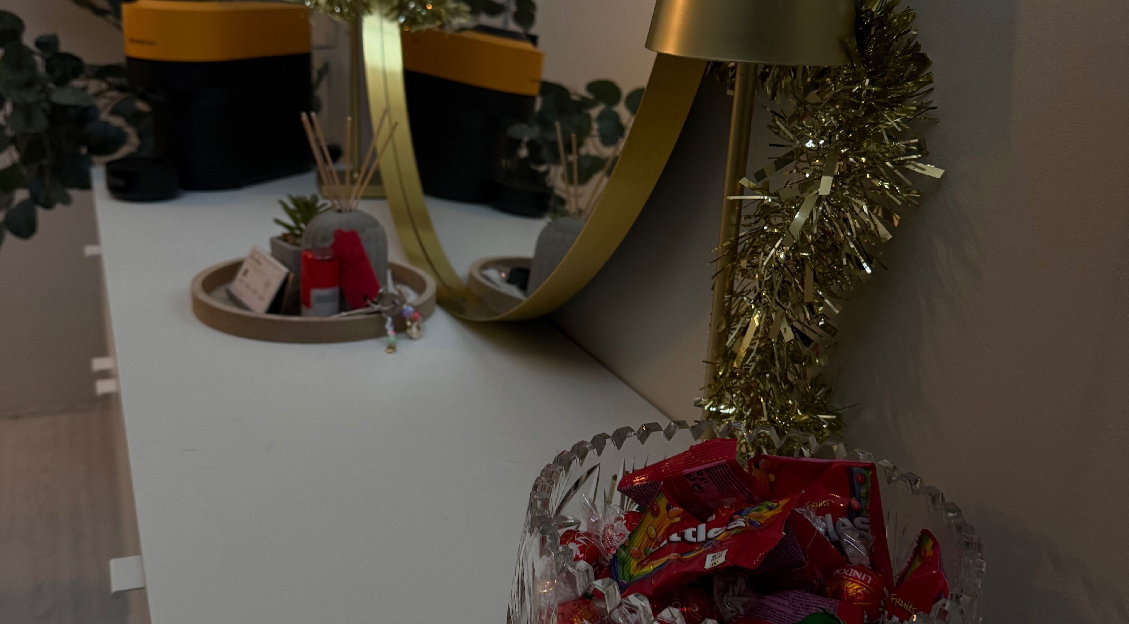 Festive decorations at The Brow Department, Wembley, England, GB, create an inviting beauty space.