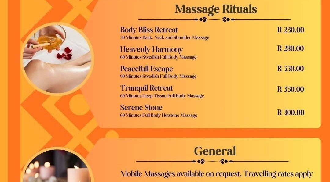 Luxurious massage menu showcasing therapies at George, Western Cape, ZA.