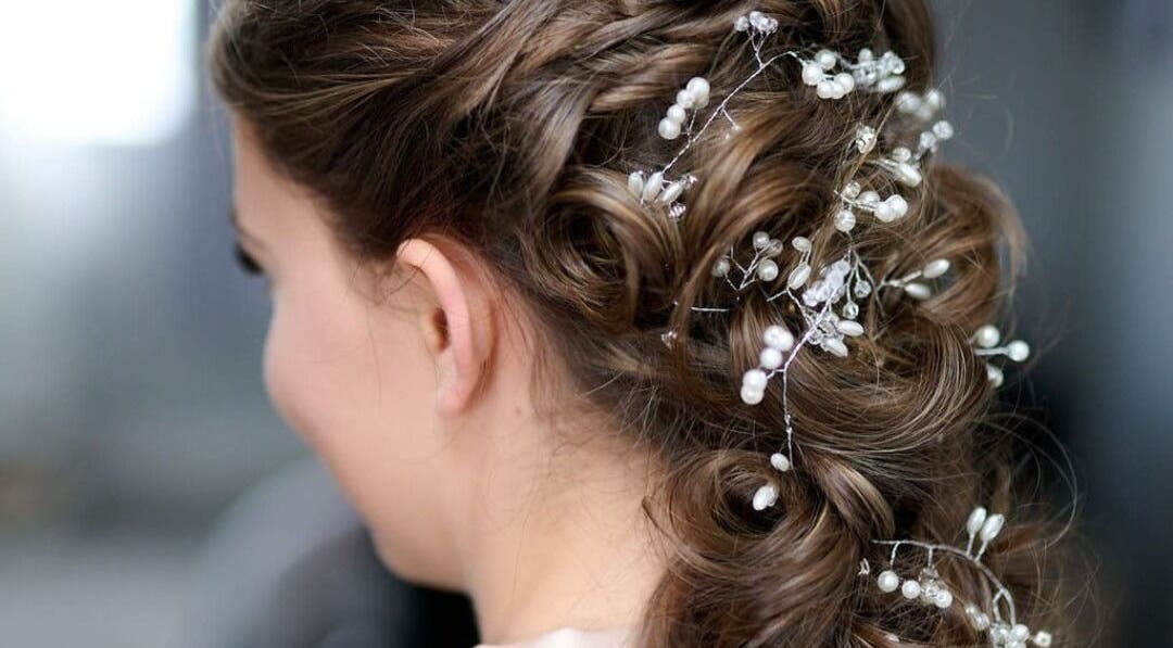 Intricate braided hairstyle with pearls at Love Hair by Heather, Kirkintilloch, Scotland, GB.