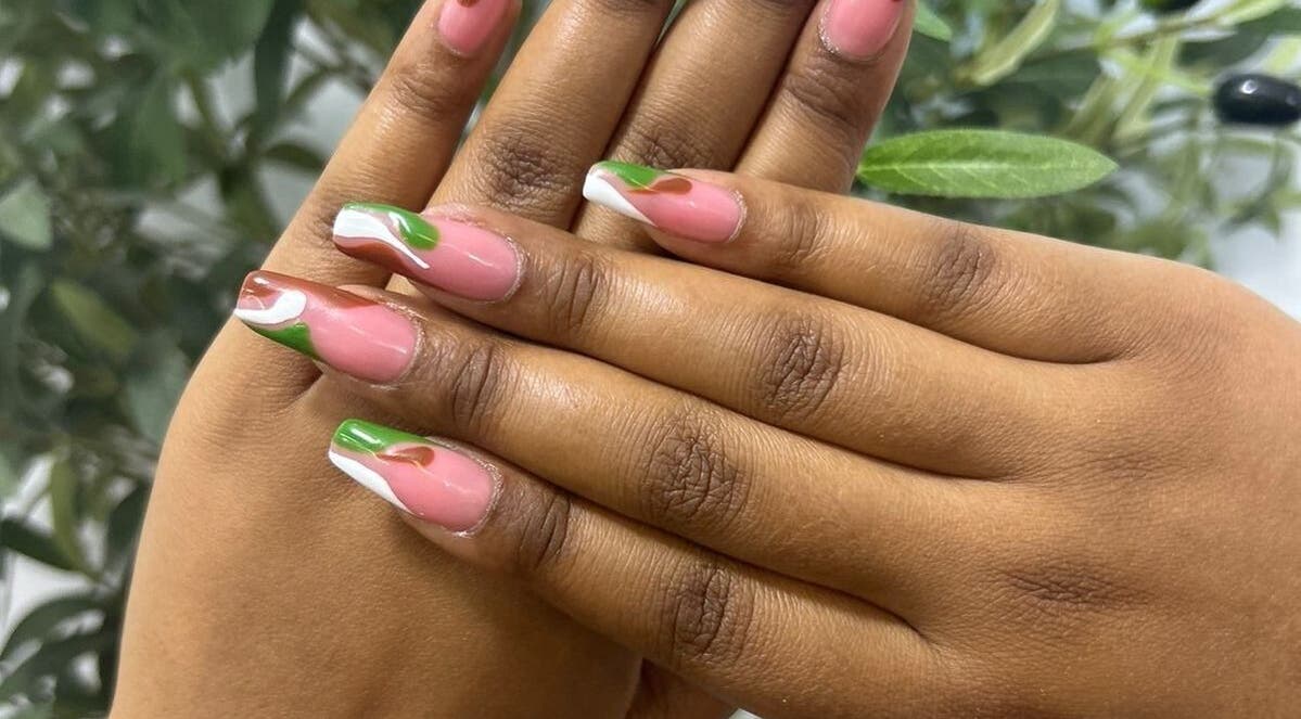Stylish pink and green nail art at Lyn's beauty studio, Sandton, Gauteng, ZA.