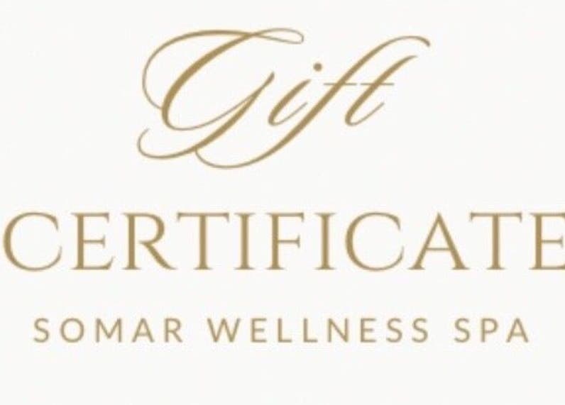 Gift certificate for Somar Wellness Spa in Grapevine, Texas, US, beautifully presented.