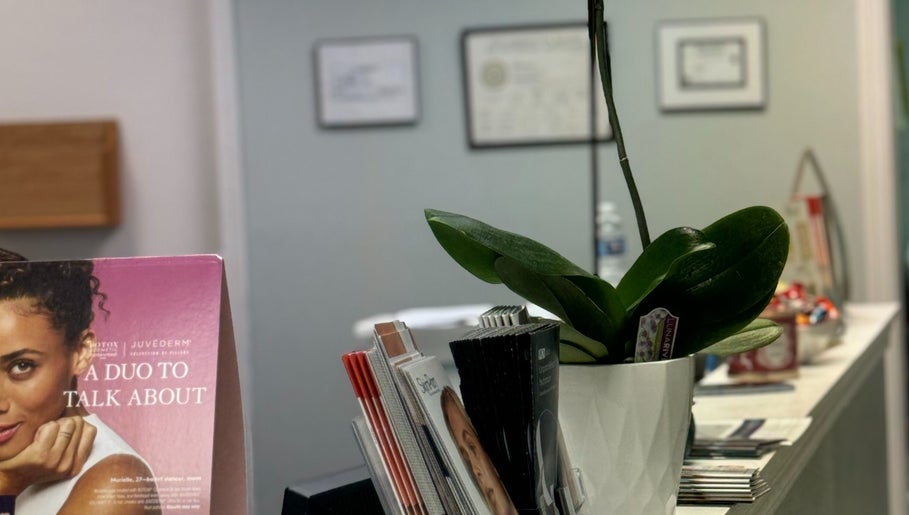 Welcome desk at Northshore Health and Beauty in Skokie, Illinois with plants and brochures.