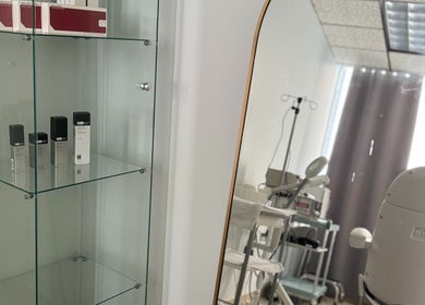 Elegant skincare display at Northshore Health and Beauty in Skokie, Illinois, US, enhancing a wellness room.