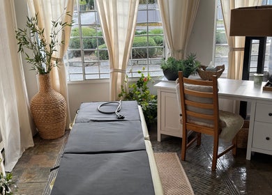 Tranquil therapy room at Pemf Healing Waves, Coquitlam, British Columbia, CA with natural light and plants.