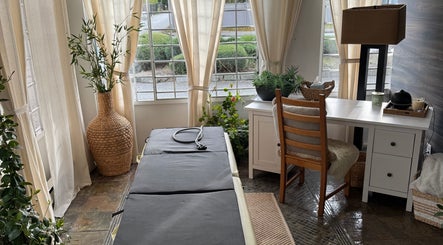 Tranquil therapy room at Pemf Healing Waves, Coquitlam, British Columbia, CA with natural light and plants.
