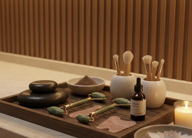 Spa essentials at Sanctuary Of You, San Juan, PR, featuring brushes, oils, and candles for a serene experience.