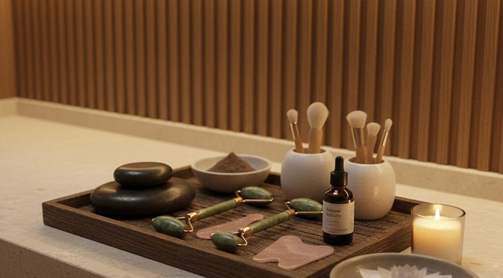 Spa essentials at Sanctuary Of You, San Juan, PR, featuring brushes, oils, and candles for a serene experience.