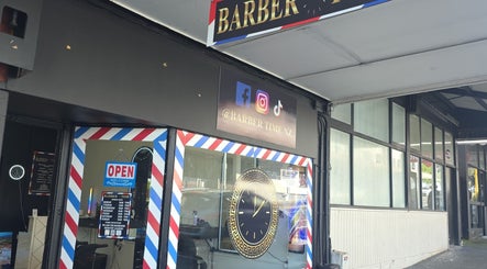 Charming Barbertime.nz entrance in Auckland, Auckland, NZ with social media signs and open sign.