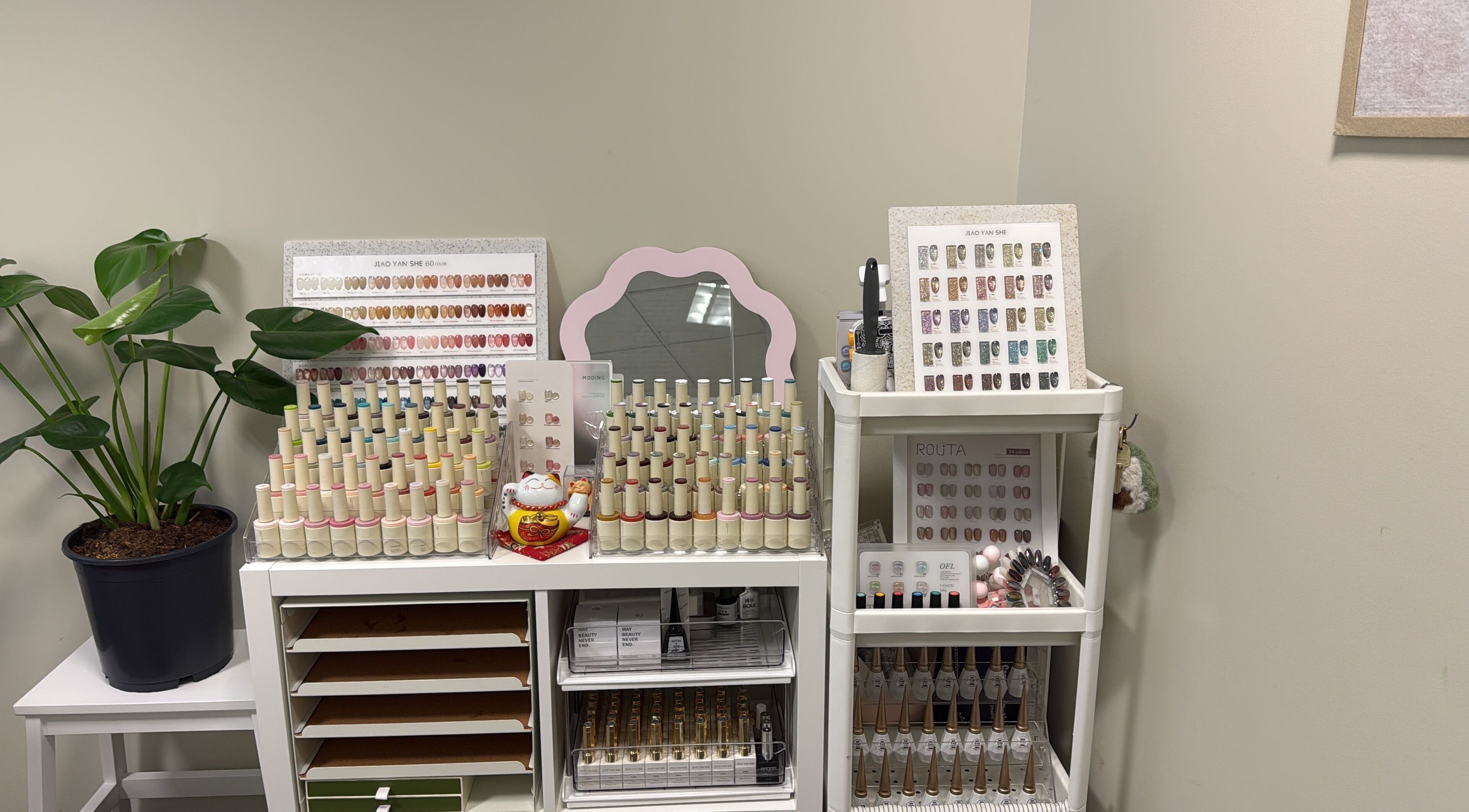 Onyu nail studio in Sydney, New South Wales, AU, showcasing a vibrant selection of nail polishes and designs.