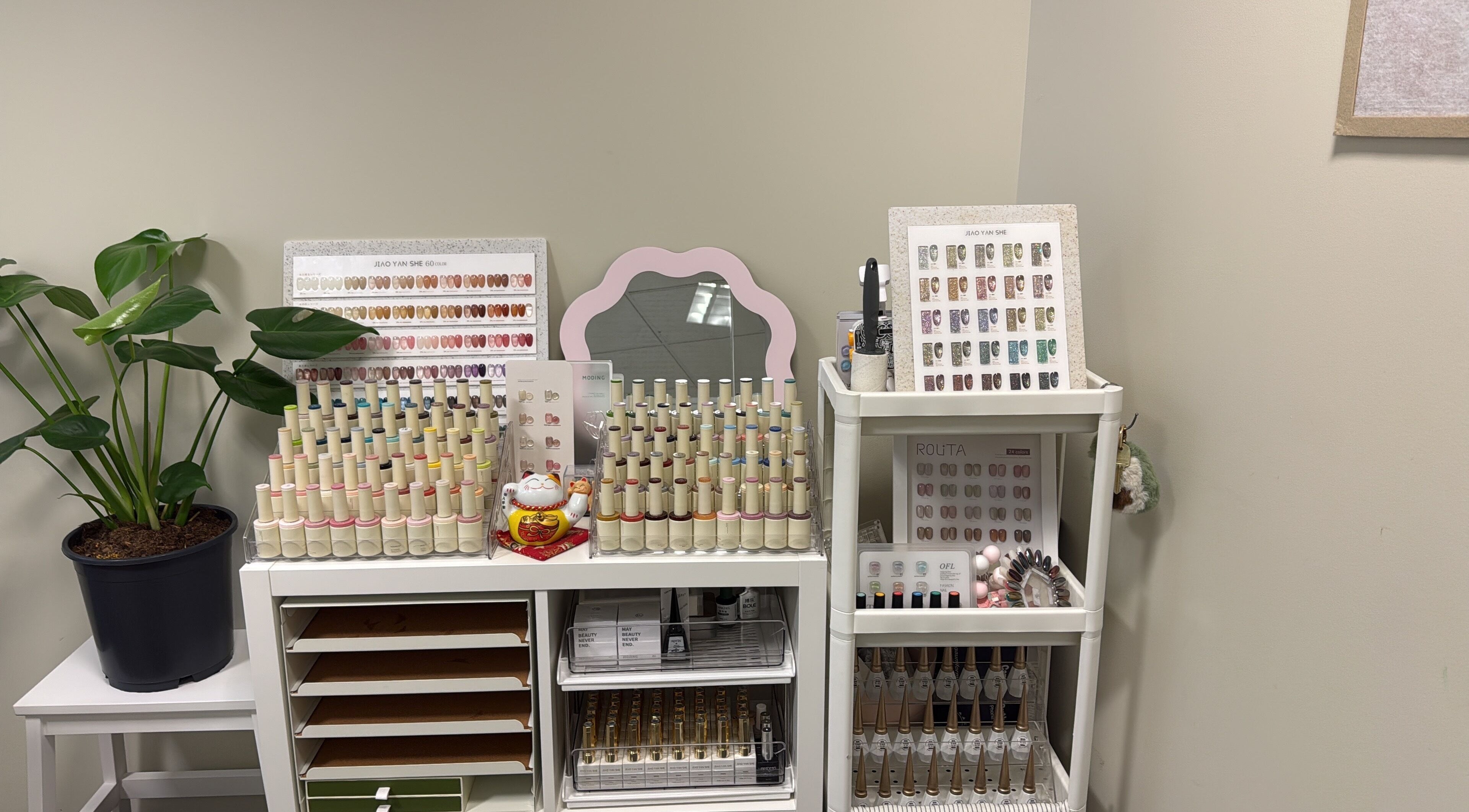 Onyu nail studio in Sydney, New South Wales, AU, showcasing a vibrant selection of nail polishes and designs.