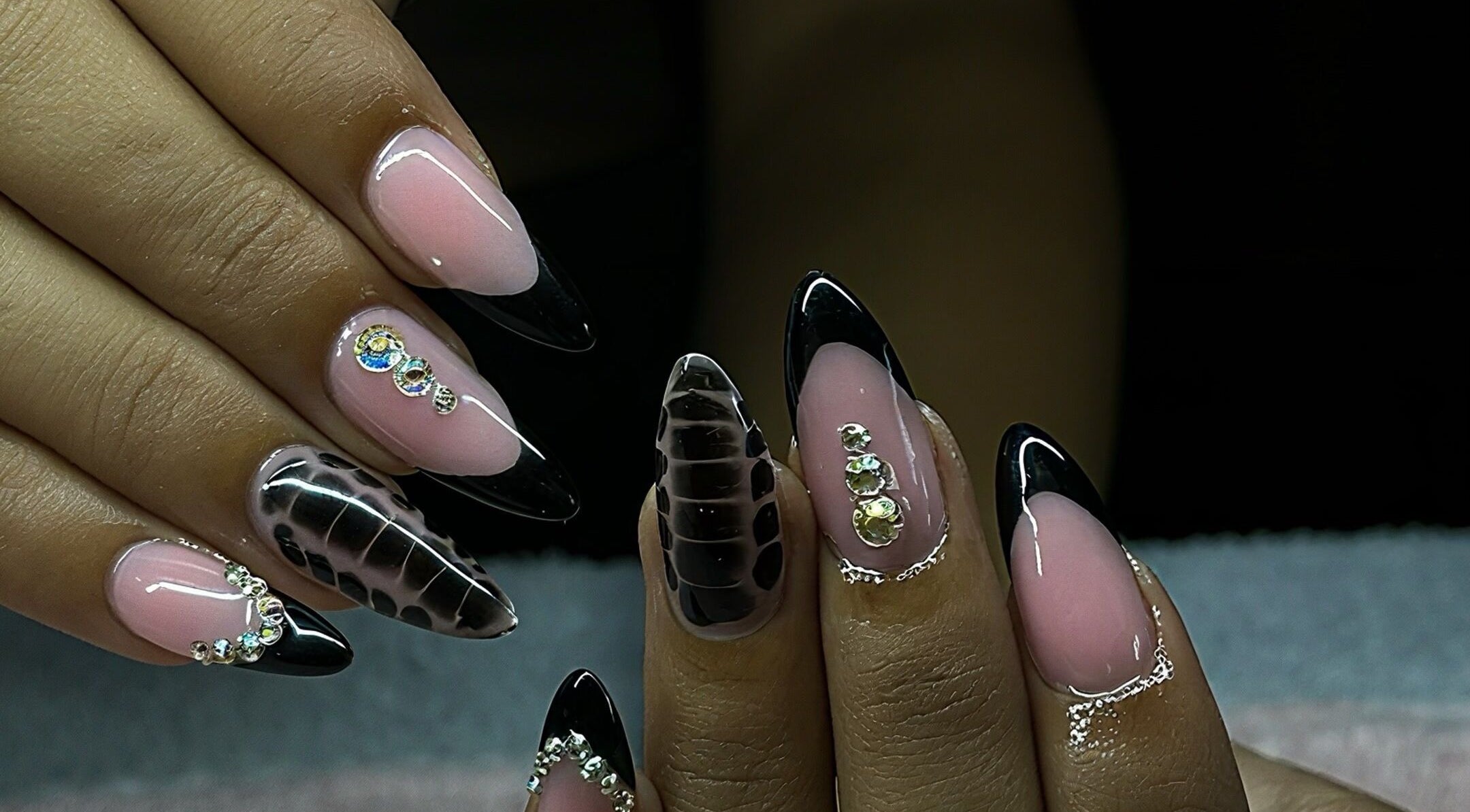 Elegant nail art with black and pink design at Cait & Co., Cape Town, Western Cape, ZA.