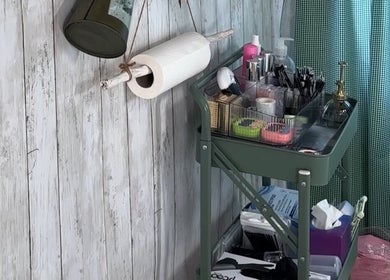 Beauty supplies on a cart at Lash Ark, Worcester Park, England, GB, offering a neat wellness space.