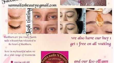 Promotional image for Sam's nailz n beauty in Blackburn, England, GB showcasing lash tinting and waxing services.