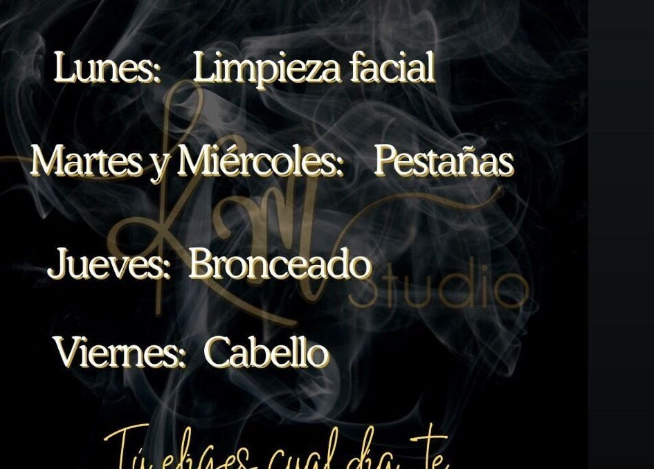 KMStudio weekly beauty services schedule in Abangares, Guanacaste, CR with facial, lashes, tanning, and hair.