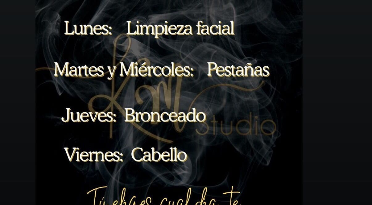 KMStudio weekly beauty services schedule in Abangares, Guanacaste, CR with facial, lashes, tanning, and hair.