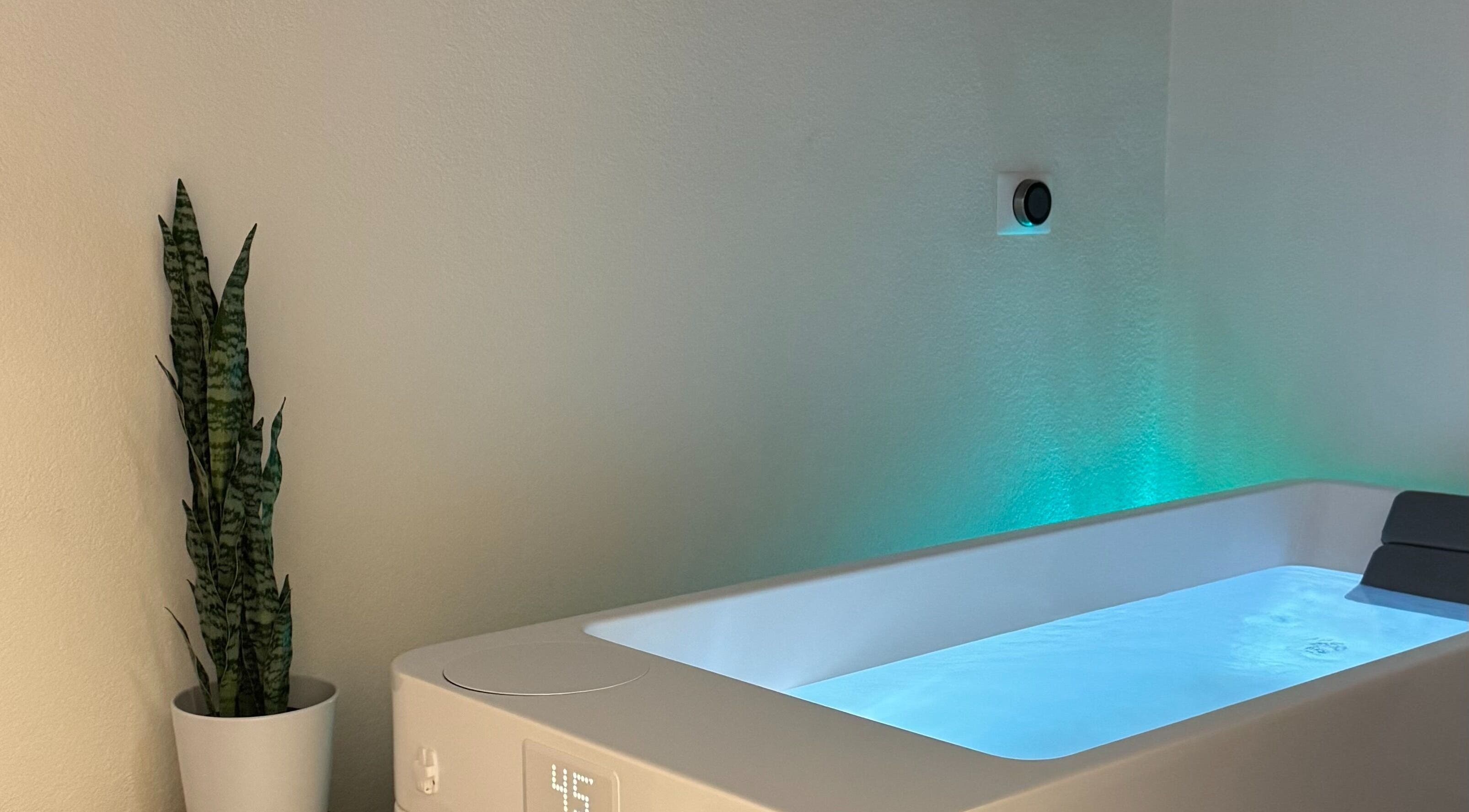 Tranquil floating tank at EverGlo Studios, Henderson, Nevada, US, offering a peaceful wellness experience.