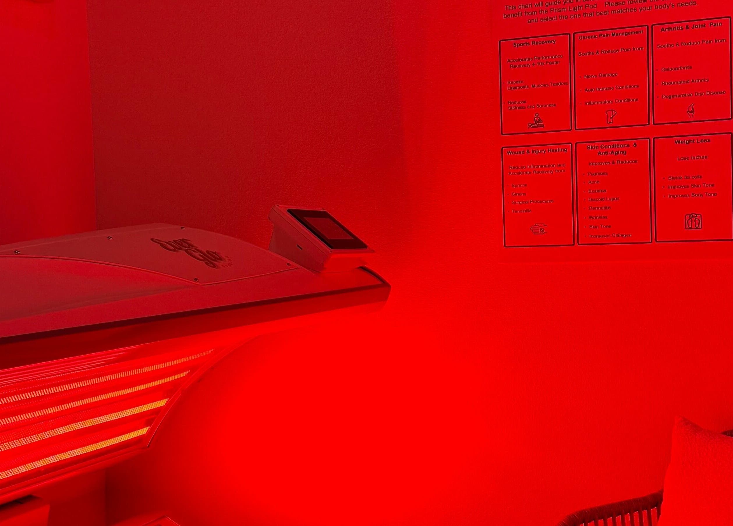 Red light therapy room at EverGlo Studios, Henderson, Nevada, US for wellness and rejuvenation.