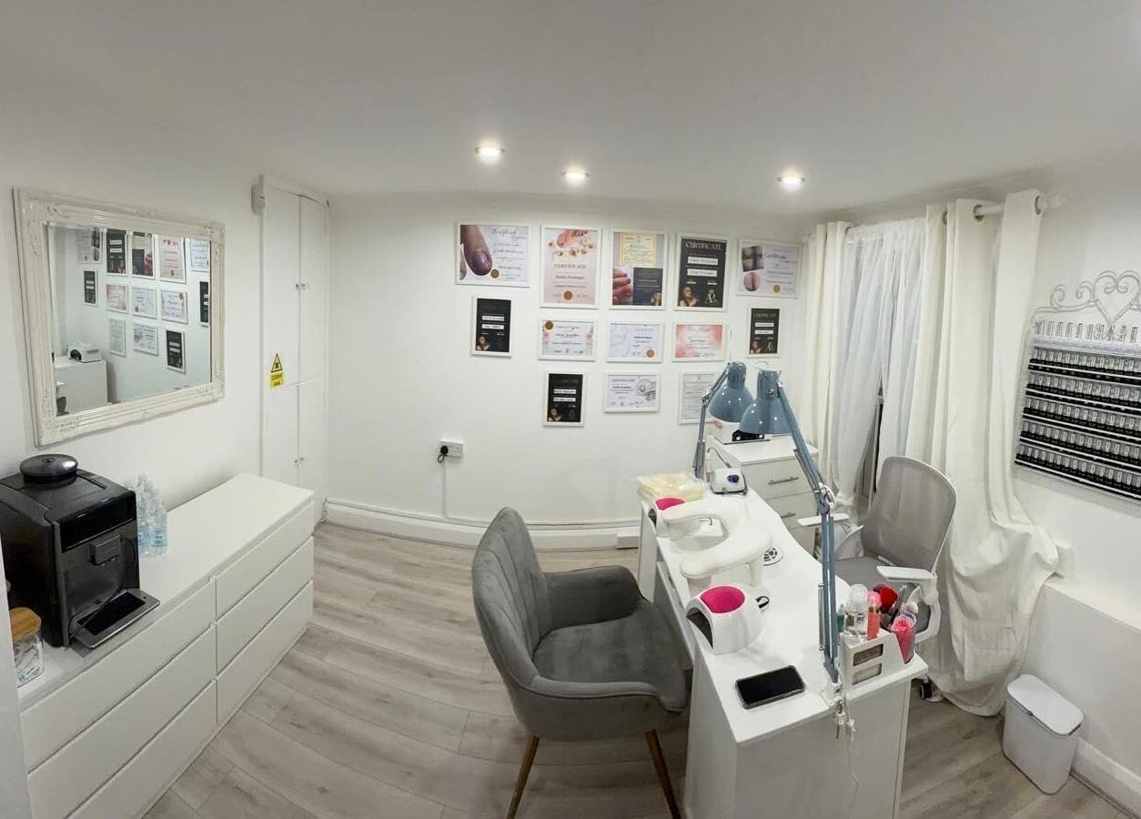 Elegant nail salon interior at Nail Room By Emilia, Bletchley, England, GB with manicure station and decor.