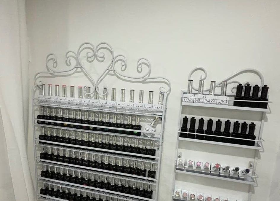 Nail polish display at Nail Room By Emilia, Bletchley, England, GB showcasing diverse gel colors.