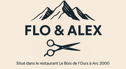Logo stylisé de Flo & Alex avec montagnes et ciseaux. Situés à Bourg-saint-maurice, Auvergne-rhône-alpes, FR.