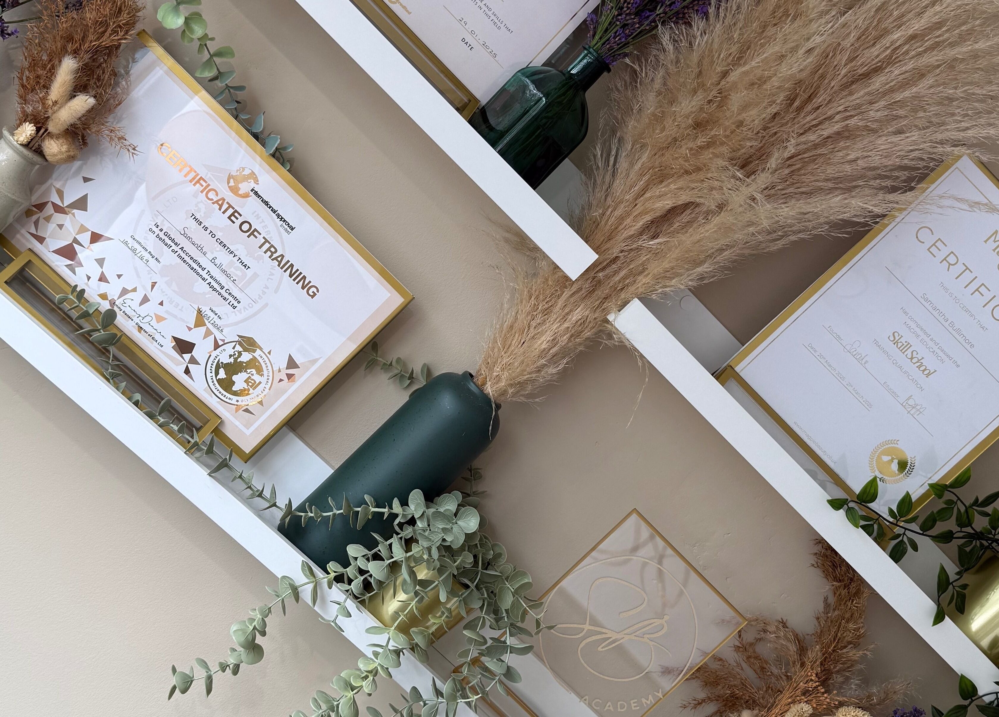 Certificate display at SB Wellbeing / SB Academy, Chesterfield, England, GB with decor elements.