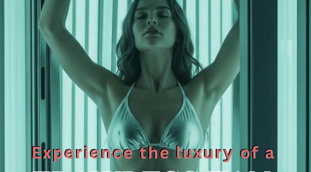 Woman enjoying tanning in luxurious booth at Tanning Room Lux Spa, Willemstad, CW.