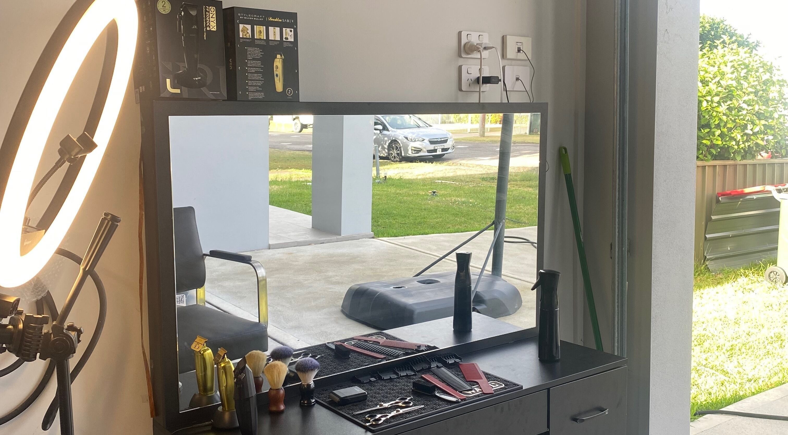 Elegant grooming station at Sensei Trims, Noraville, New South Wales, AU, showcasing tools and equipment.