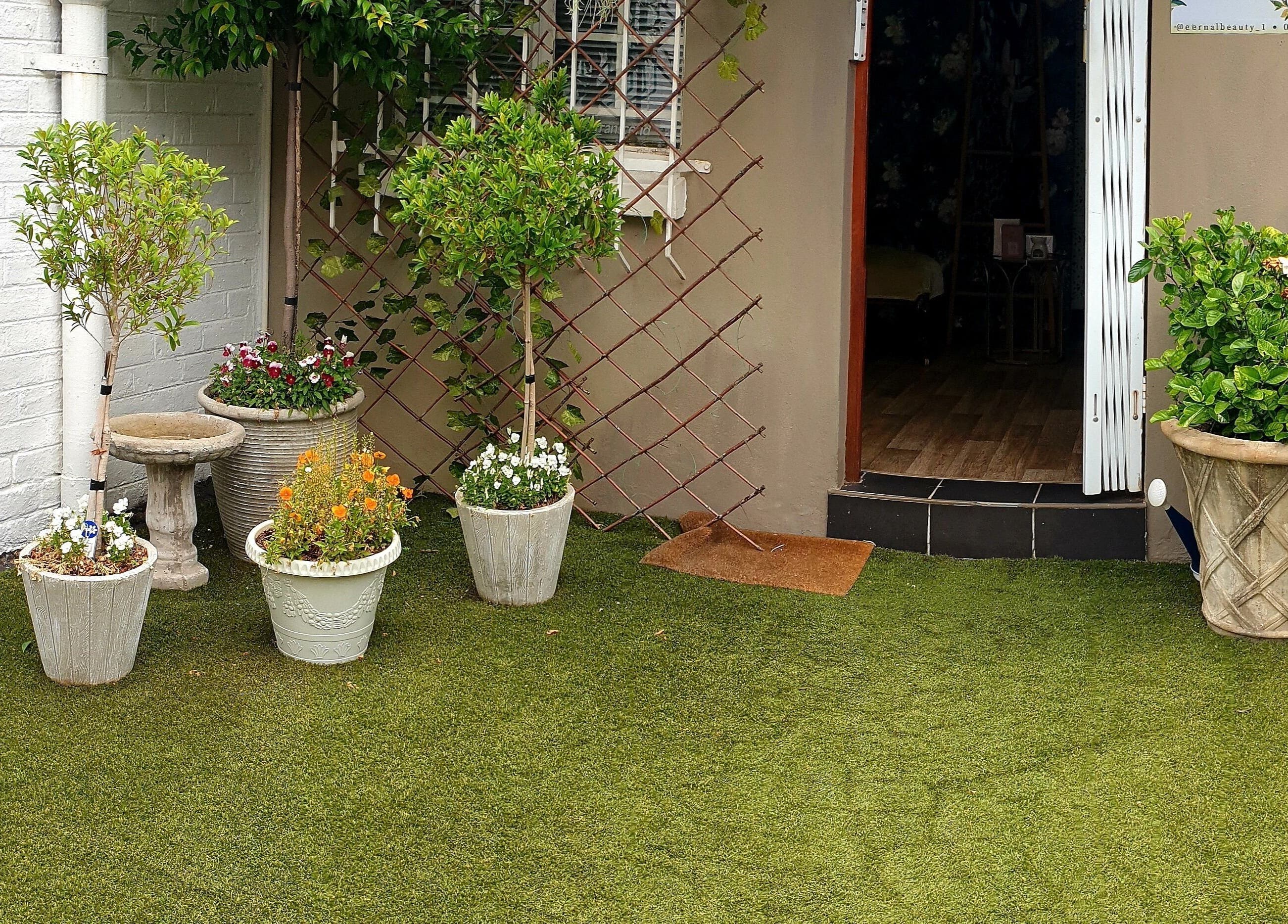 Charming entrance at Eternal Beauty, Johannesburg, Gauteng, ZA, with greenery and potted plants.
