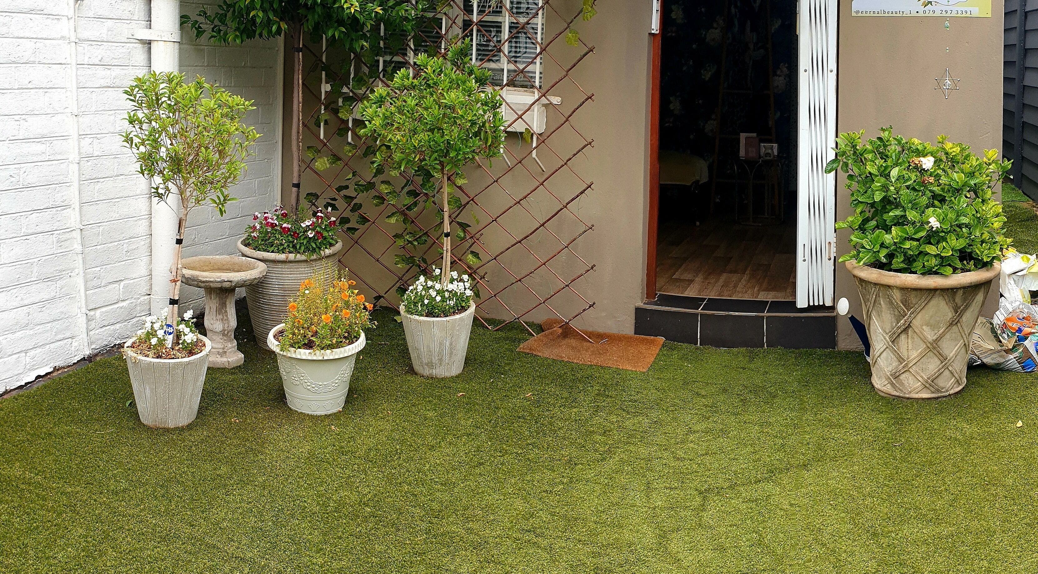 Charming entrance at Eternal Beauty, Johannesburg, Gauteng, ZA, with greenery and potted plants.