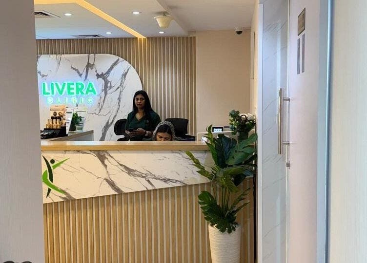 Livera Aesthetic Clinic reception with modern decor in Dubai, AE.