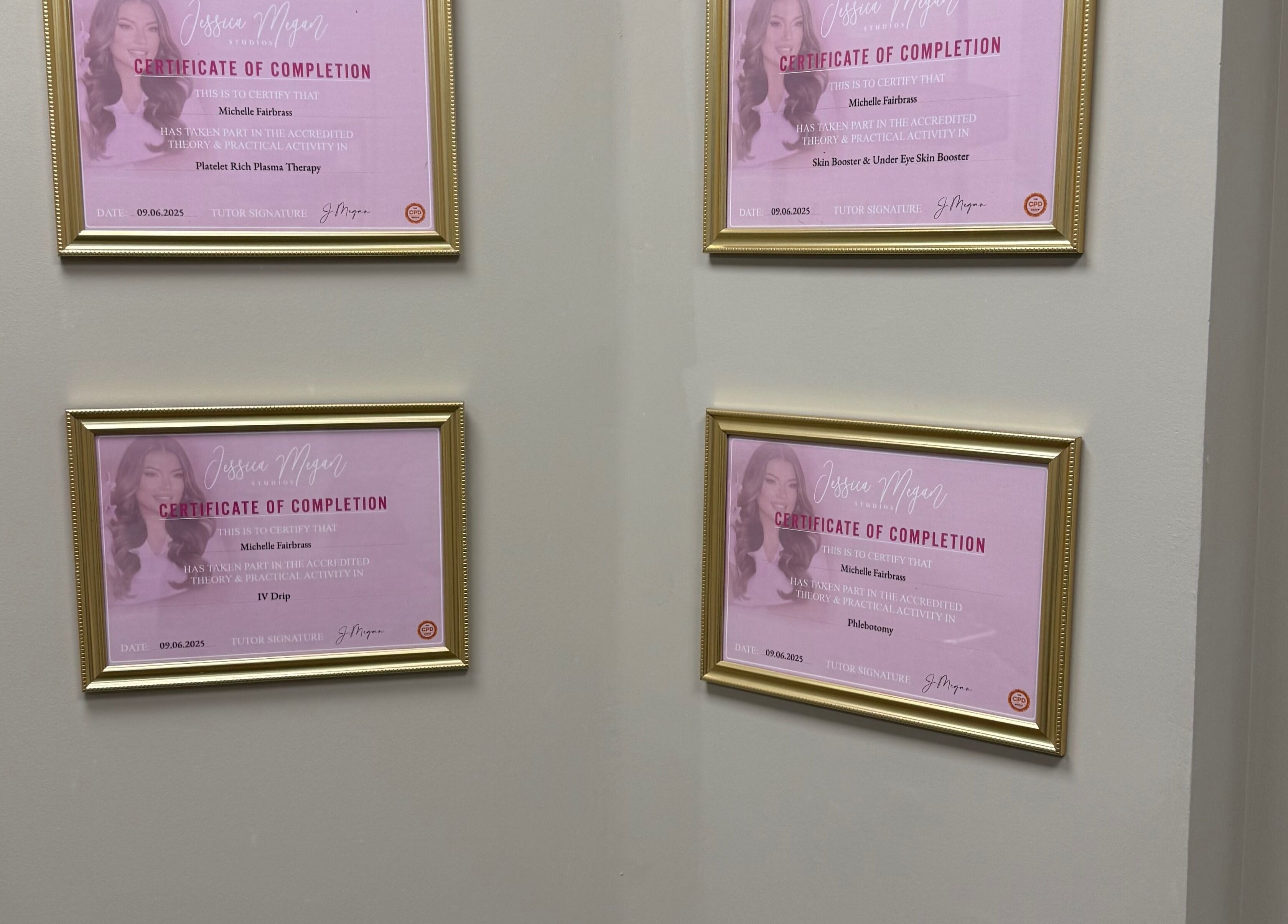 Certificates of completion displayed at Pearls of Beauty, Hastings, England, GB, showcasing achievement and expertise.
