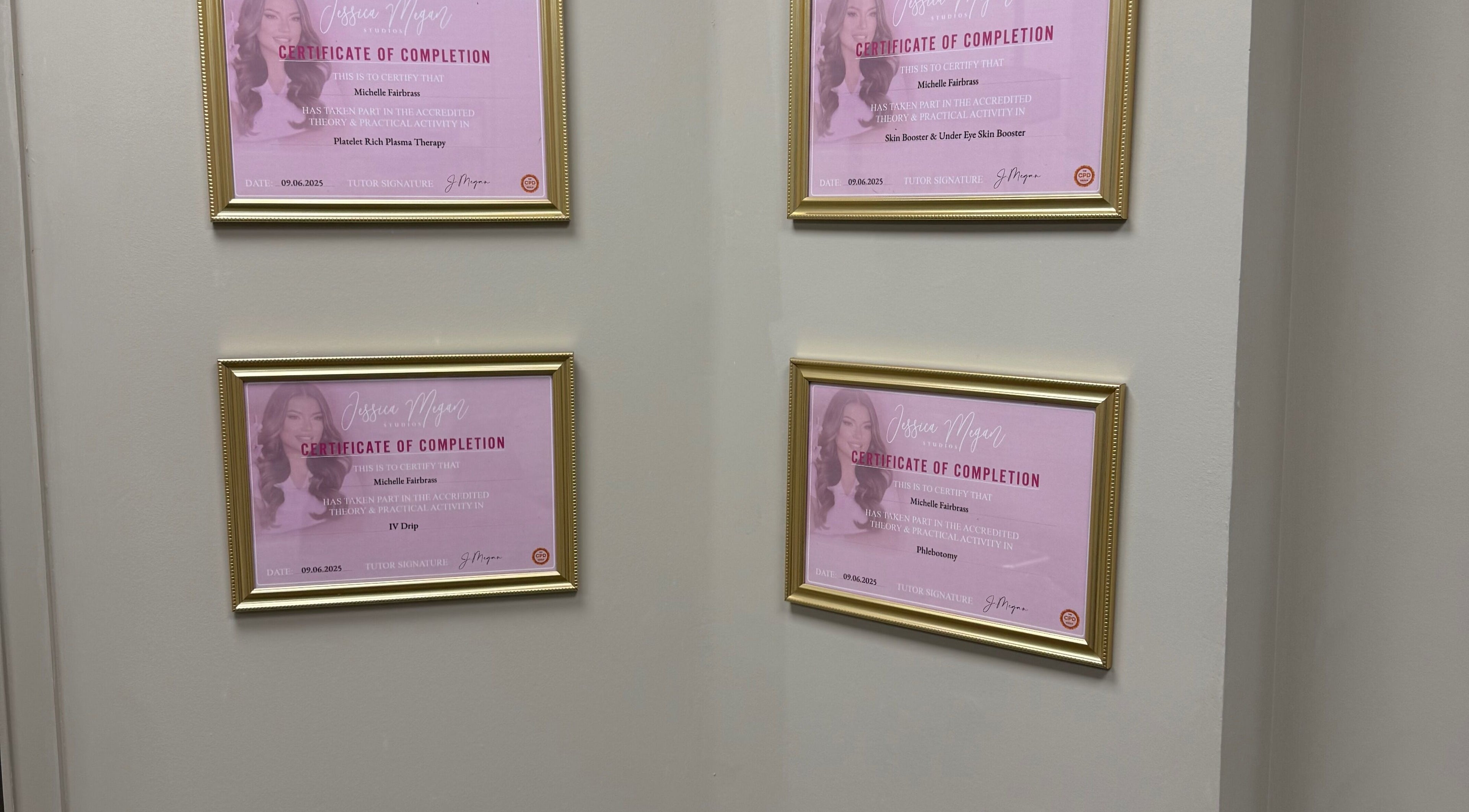 Certificates of completion displayed at Pearls of Beauty, Hastings, England, GB, showcasing achievement and expertise.