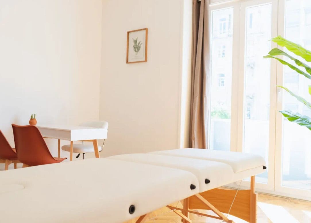 Sala de tratamento serena em Wellzen by Diana, Lisboa, Lisboa, PT com cama de massagem e plantas.