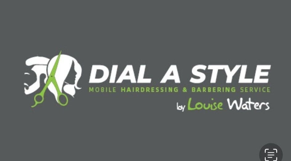 Dial A Style logo with scissors, County Wexford, IE. Mobile hairdressing and barbering by Louise Waters.