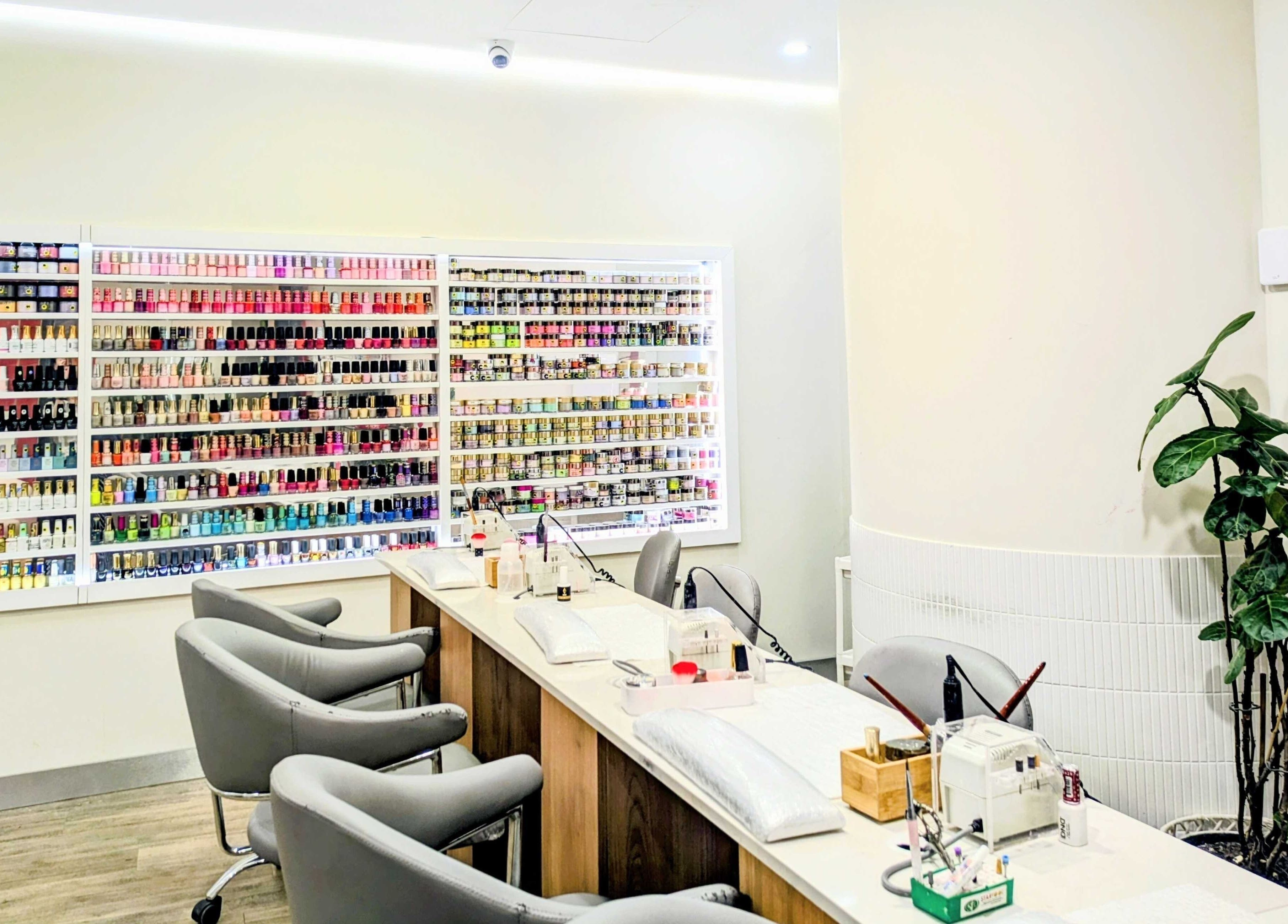 Interior of Aurora Luxe Nails (Stockland Piccadilly) in Sydney, New South Wales, AU, showcasing extensive nail polish selection.