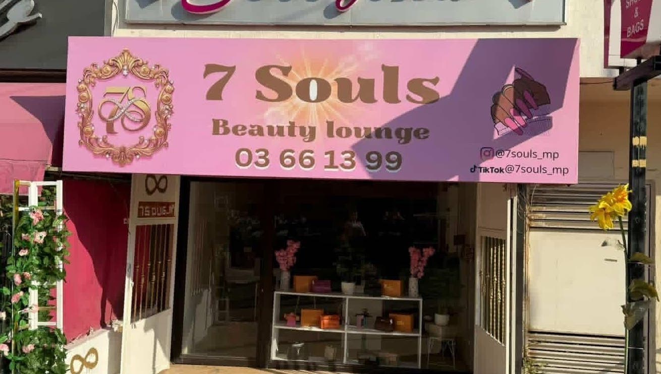 Exterior view of 7 Souls Beauty Lounge at Jabal Lubnan, Jabal Lubnan, LB with decorative sign and entrance.