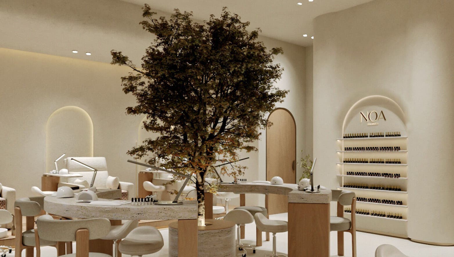 Elegant interior of NOA Nails in Abu Dhabi, AE featuring tranquil decor and modern nail care stations.