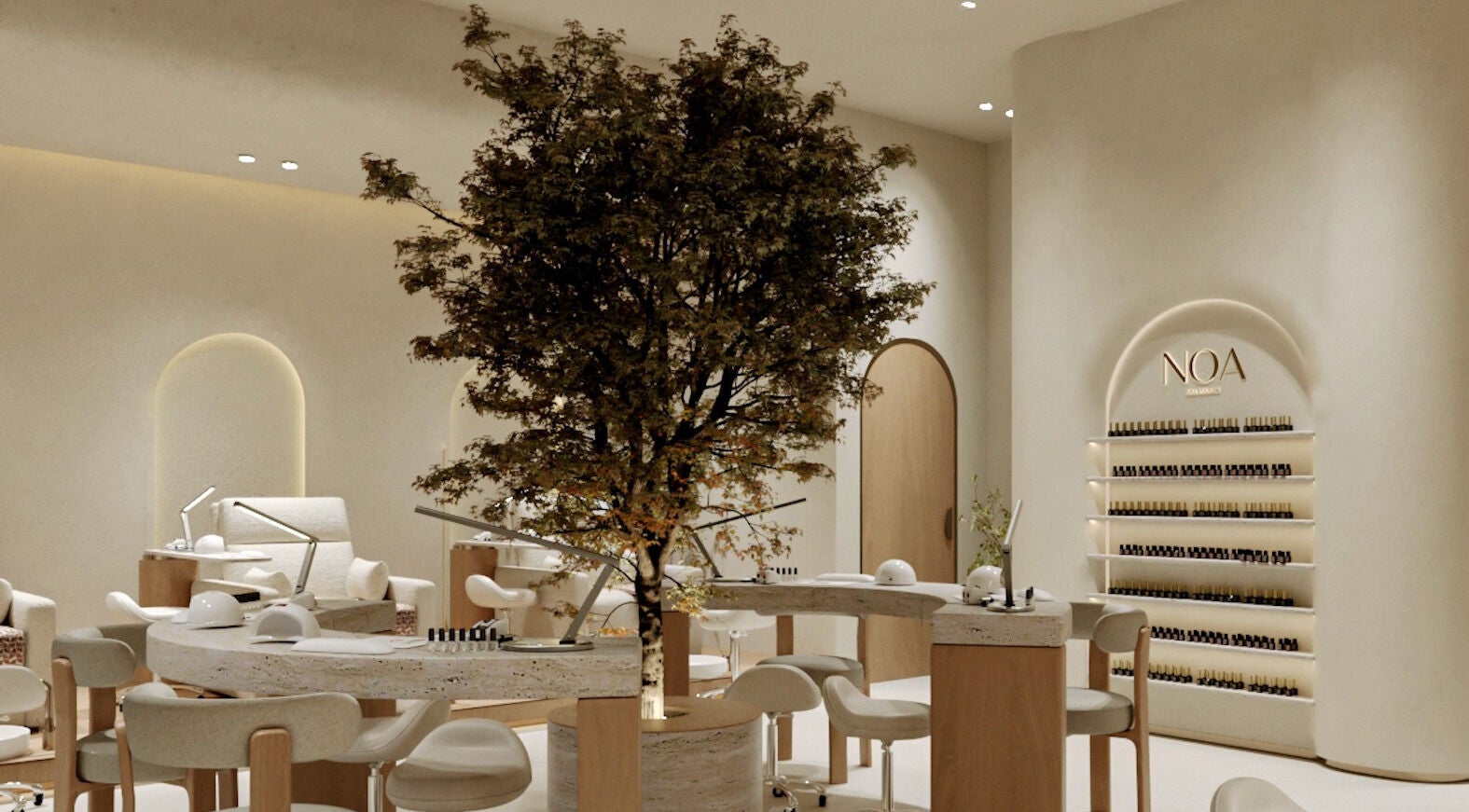 Elegant interior of NOA Nails in Abu Dhabi, AE featuring tranquil decor and modern nail care stations.