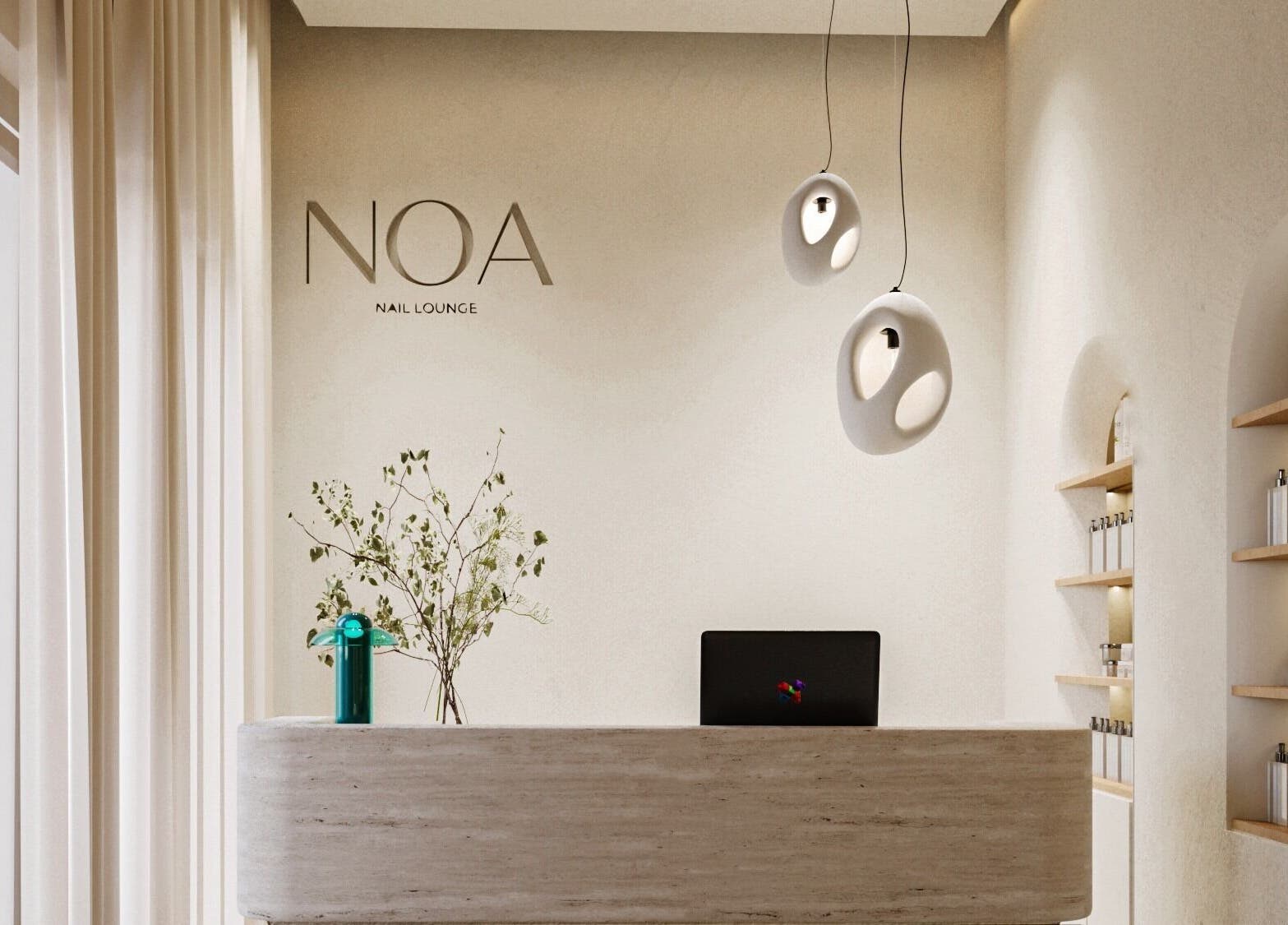 Elegant reception area at NOA Nails, Abu Dhabi, AE showcasing modern design with lighting and shelves.