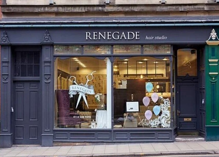 Renegade hair studio's stylish storefront in Leeds, England, GB showcasing modern design and inviting interiors.