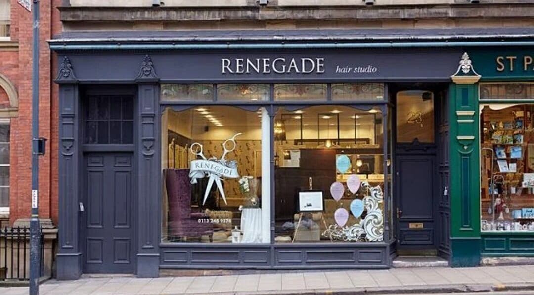 Renegade hair studio's stylish storefront in Leeds, England, GB showcasing modern design and inviting interiors.