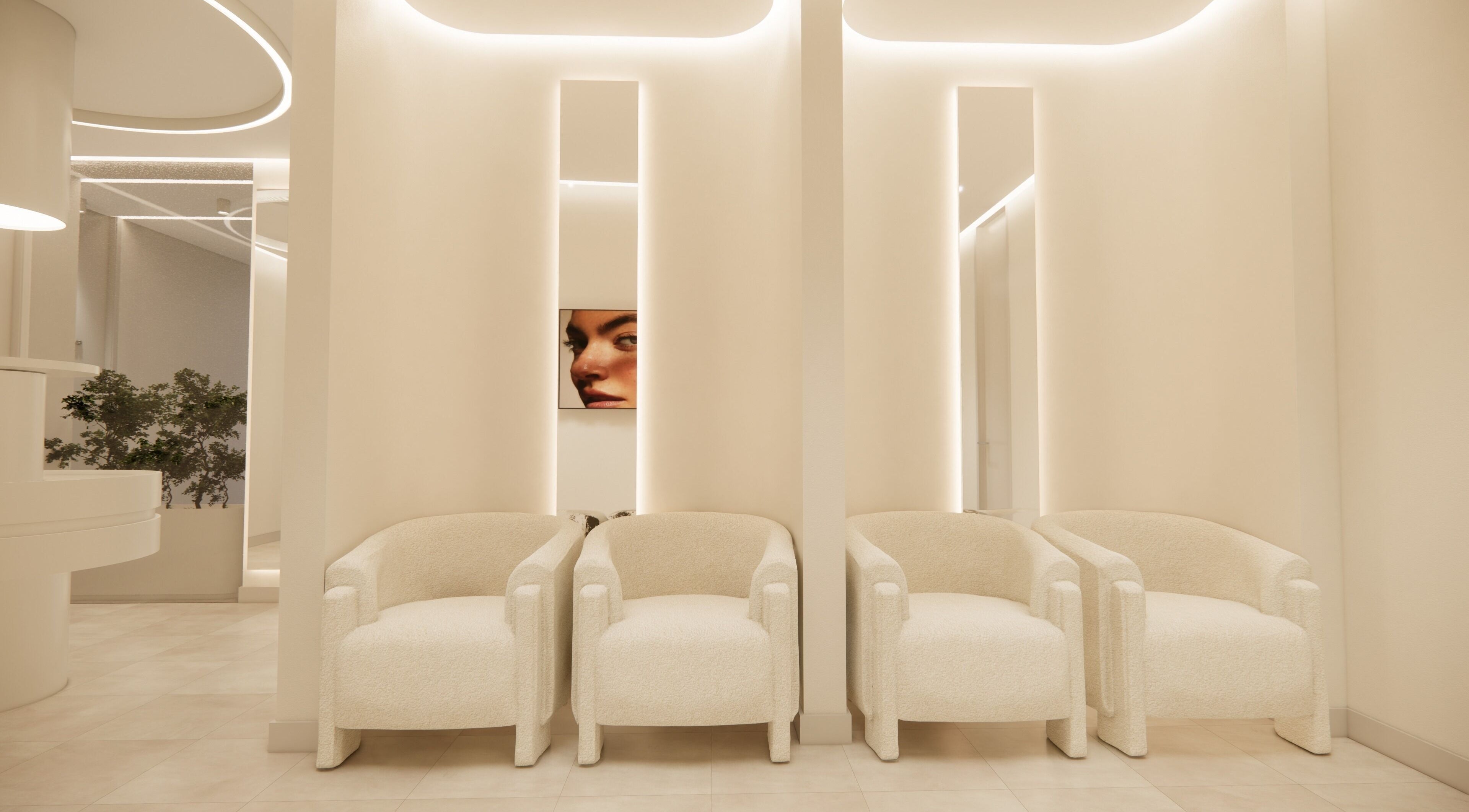 Chic waiting area with modern chairs at MyAesthetics, Manchester, England, GB.