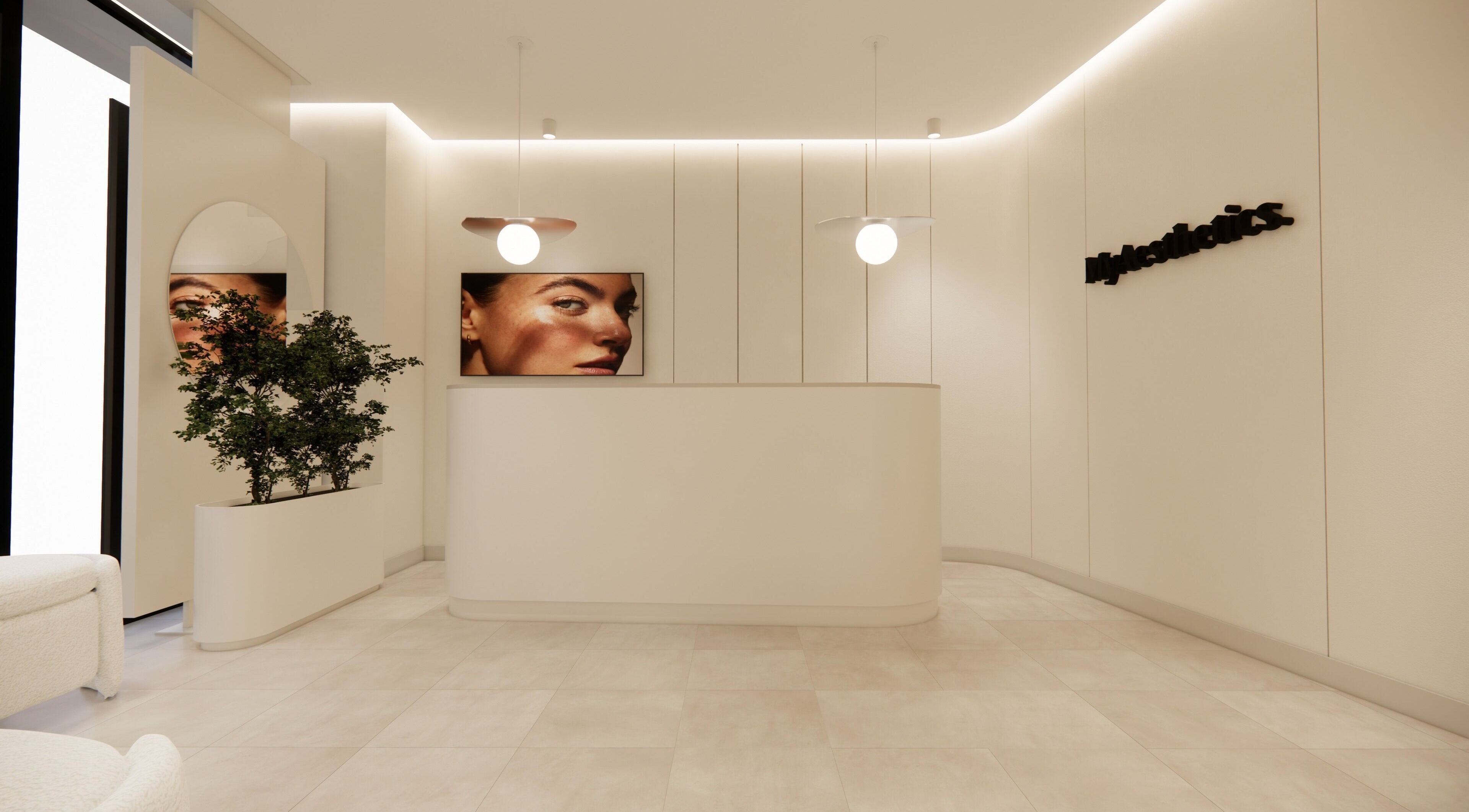 Sleek MyAesthetics reception area with modern design in Manchester, England, GB.