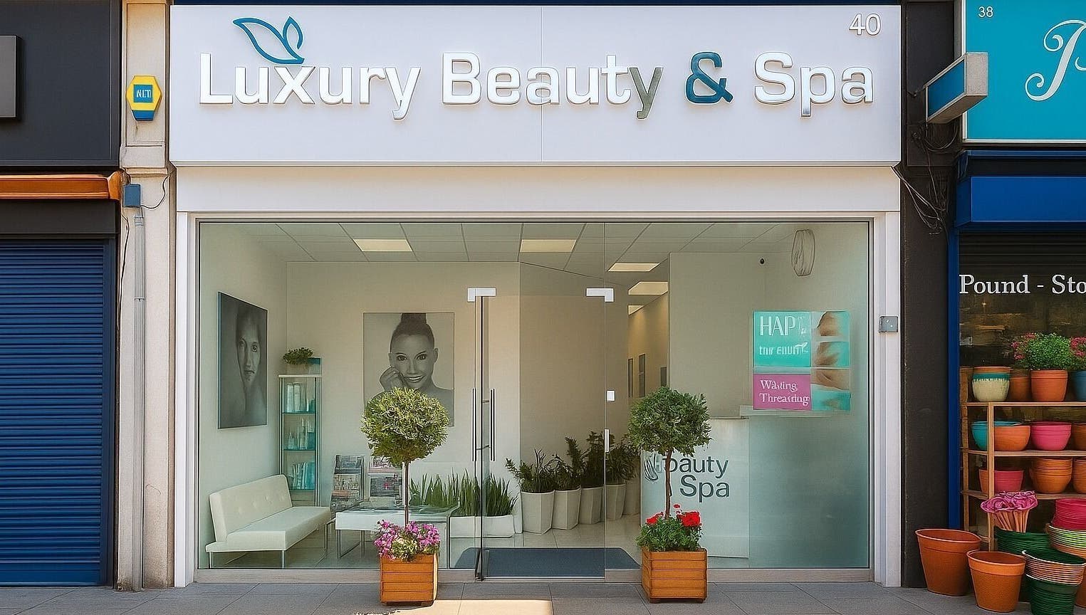 Front view of Luxury Beauty & Spa in London, England, GB, highlighting the stylish glass entrance.