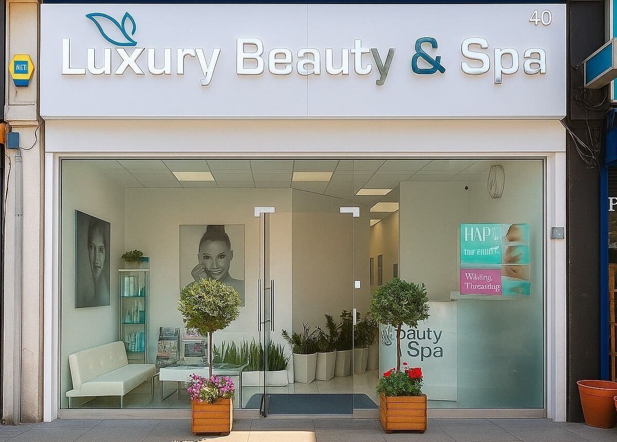 Front view of Luxury Beauty & Spa in London, England, GB, highlighting the stylish glass entrance.